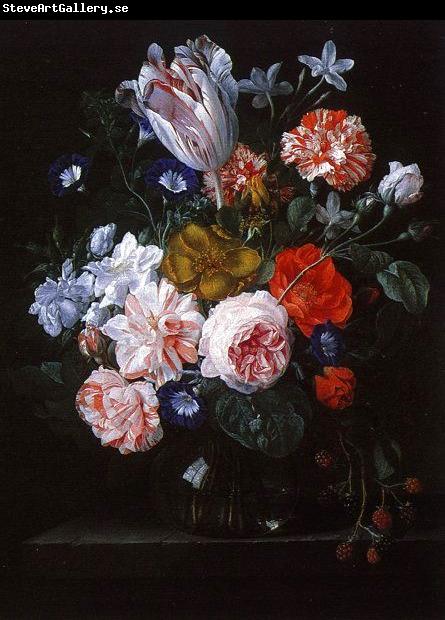 Nicolaes Van Verendael A Tulip, Carnations and Morning Glory in a Glass Vase